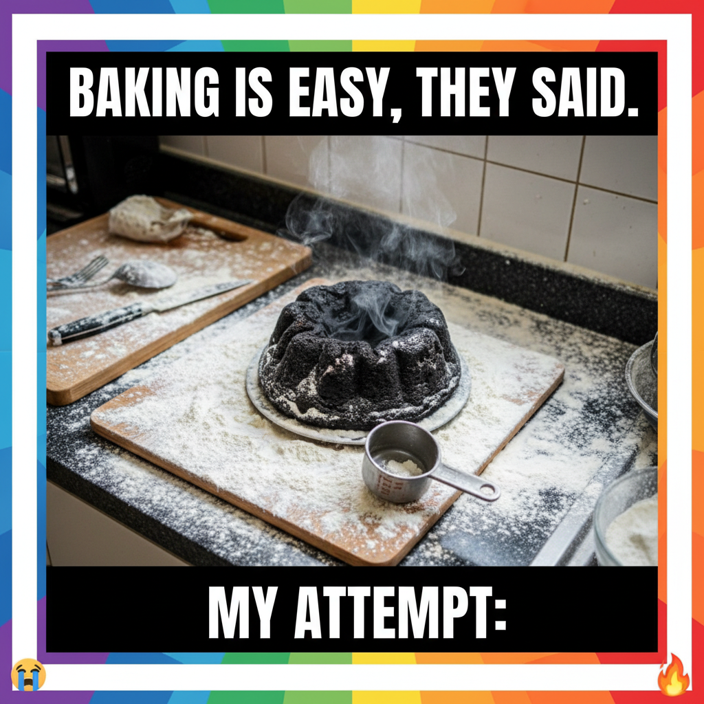 Attempted to make a 'simple' cake. Now my kitchen looks like a flour explosion. Send help. #CookingFail