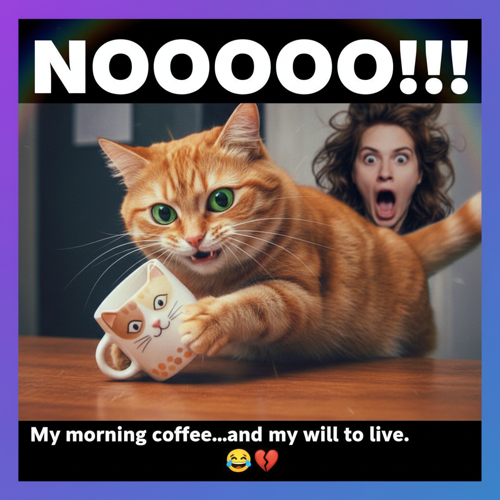 My cat just stared into my soul while slowly pushing my coffee cup off the table. This is my life now.