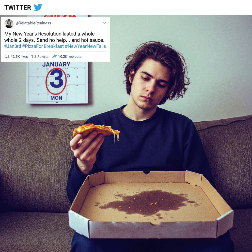 My New Year's resolution was 'eat healthier.' It's January 3rd and I'm eating cold pizza for breakfast.