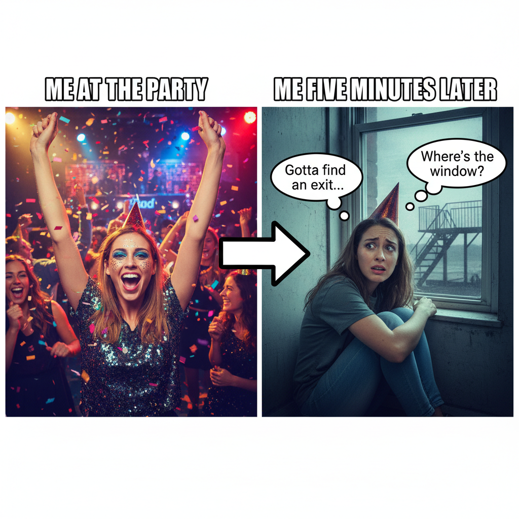 Extrovert: 'Let's go to that huge party!' Introvert: *already planning how to escape through a window*