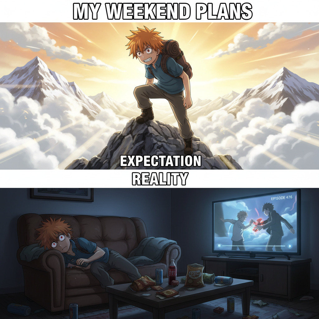 My weekend plans vs. my actual weekend reality (anime edition)
