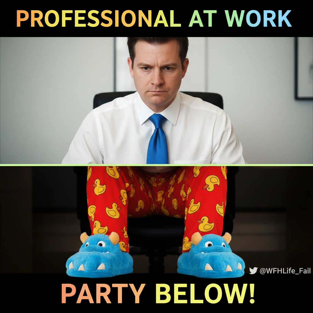 My WFH outfit: Business on top, pajama pants and fuzzy slippers on the bottom. The secret's out.