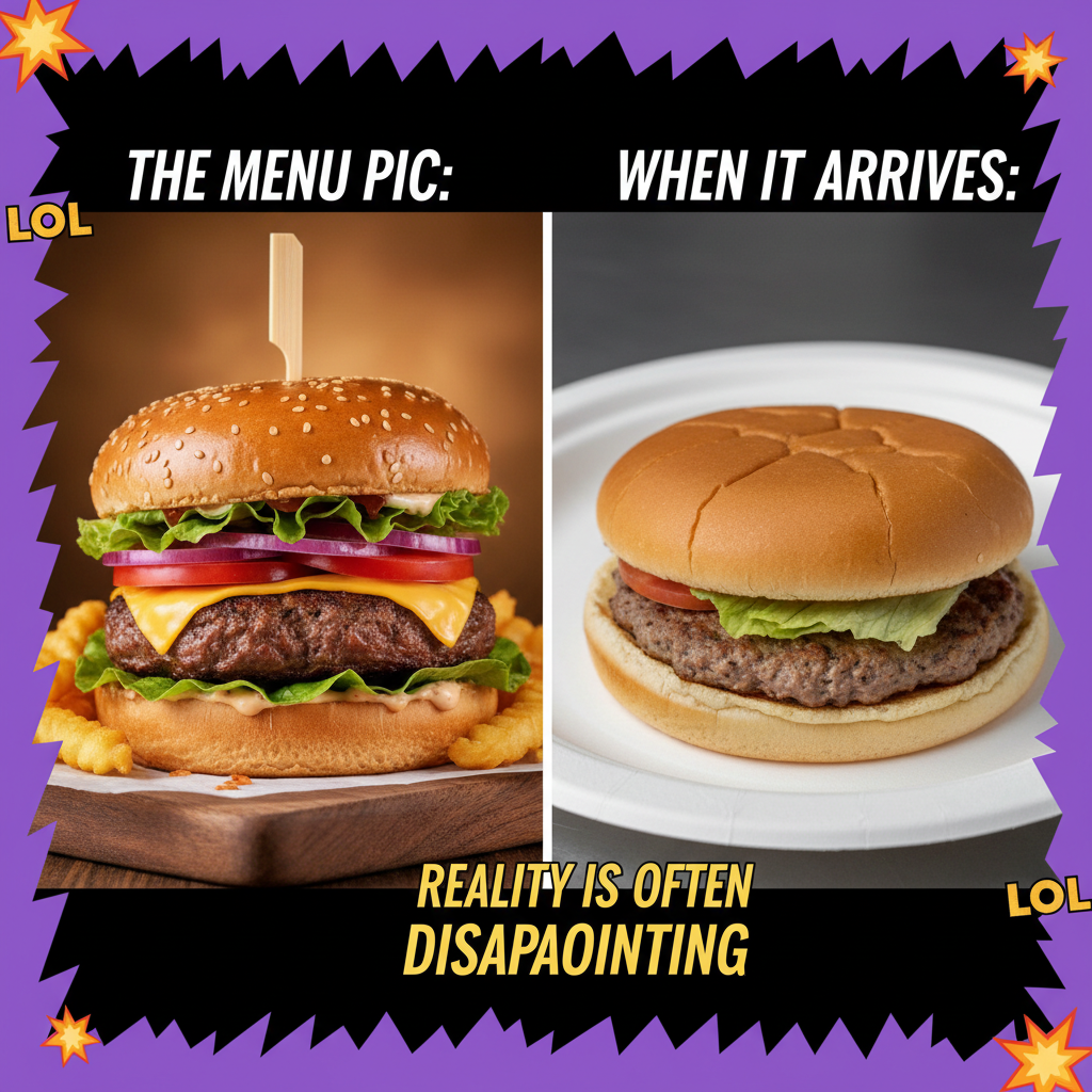 Ordered a gourmet burger, got a sad patty on a bun. My disappointment is immeasurable.