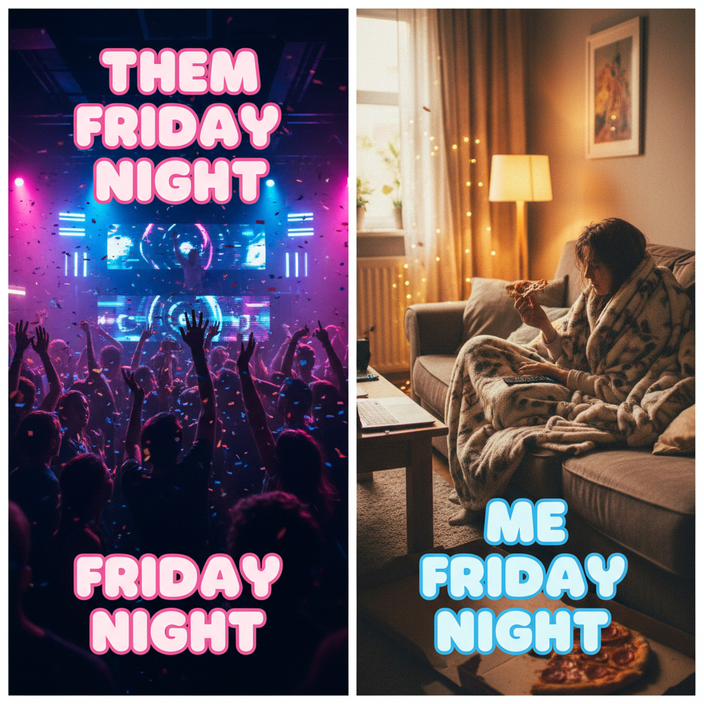 Friday night plans: Clubbing till dawn. Friday night reality: Asleep by 9 PM with a half-eaten pizza.