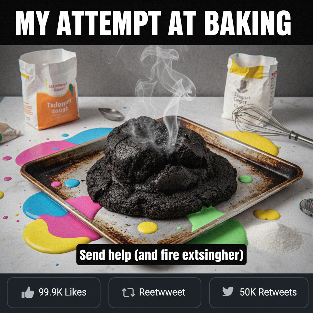 Attempted to bake a cake. Ended up with a charcoal briquette. Send help & fire dept. 😩