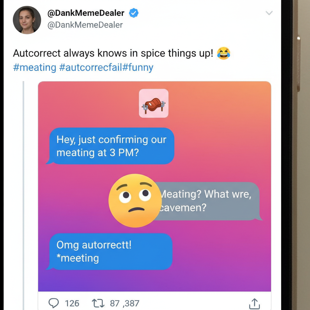 Autocorrect changed 'meeting' to 'meating'. My boss is now very confused. ๐ #TechFail