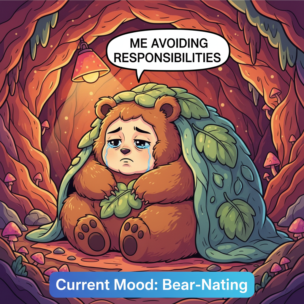 Seasonal depression hitting different this year. My spirit animal is a hibernating bear.