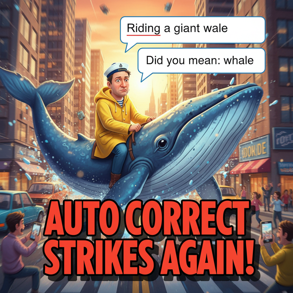 Autocorrect changed 'I'm on my way' to 'I'm on my whale.' Guess I'm making a grand entrance.