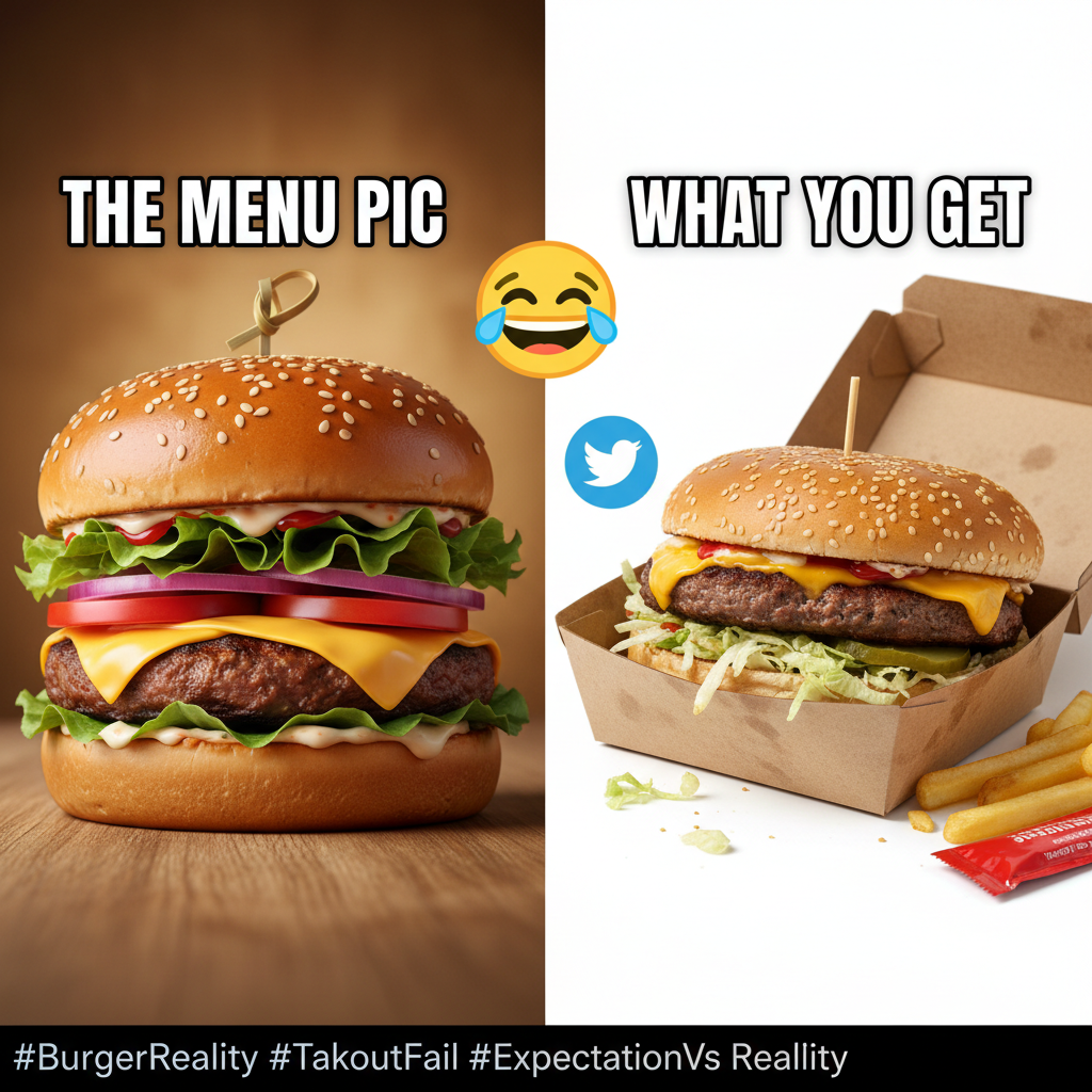 Ordered a gourmet burger, got two patties and a prayer. Food delivery expectations vs reality.