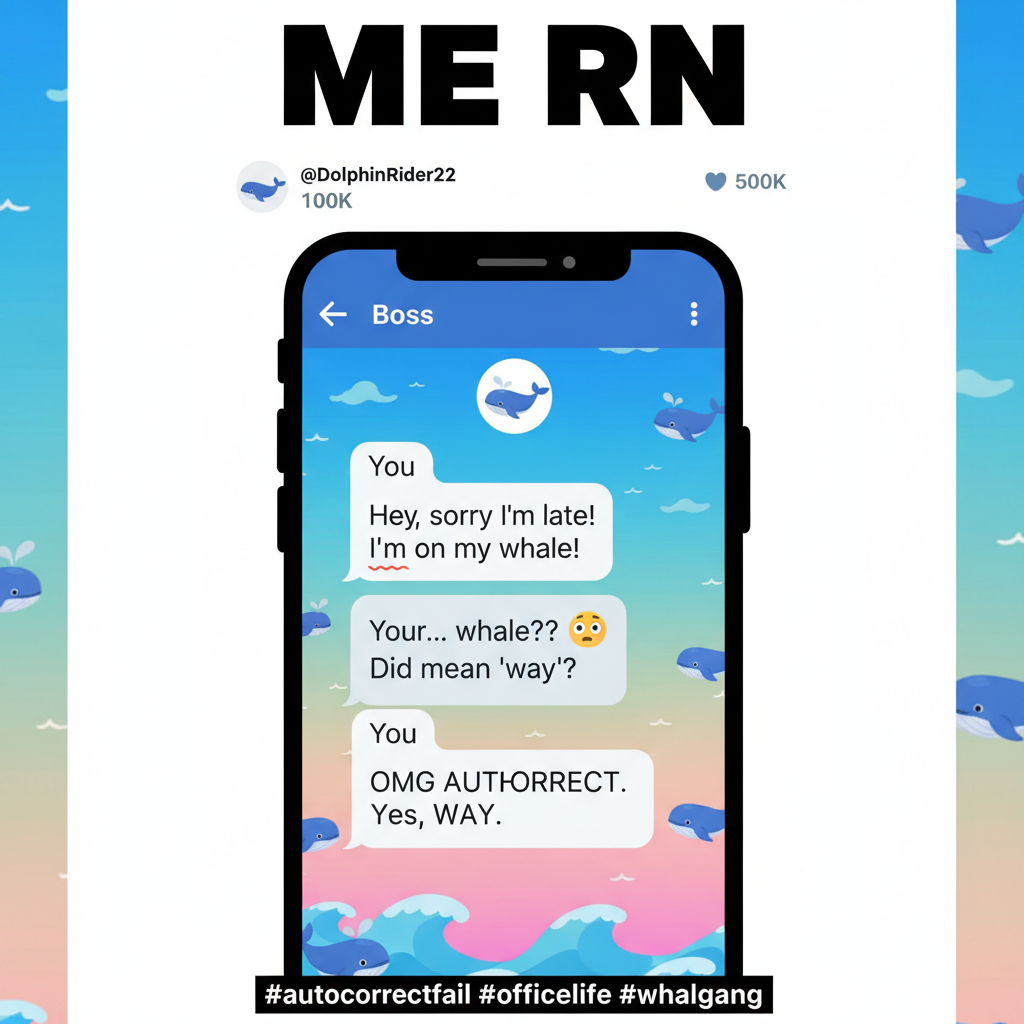 Autocorrect changed 'I'm on my way!' to 'I'm on my whale!' My boss is concerned.