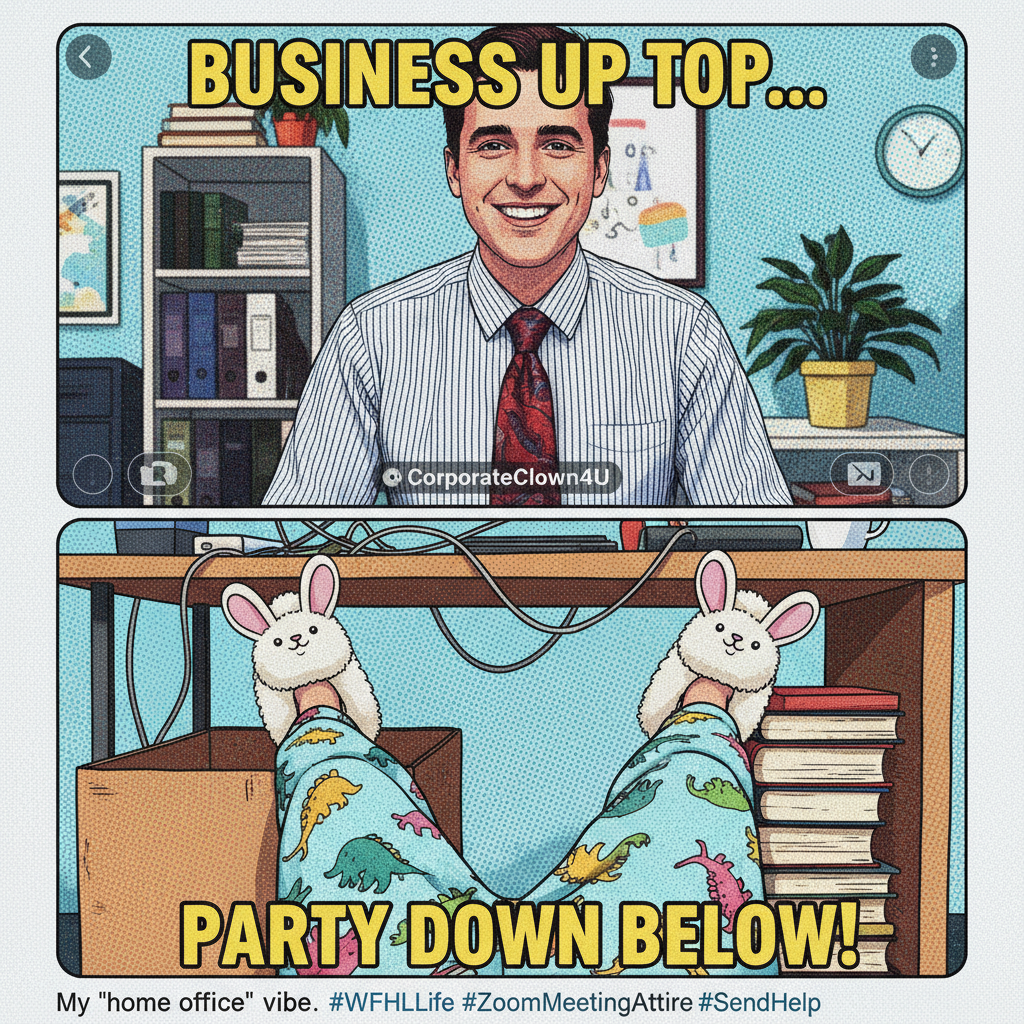 My work-from-home uniform: business on top, pajama pants and fuzzy socks on the bottom.