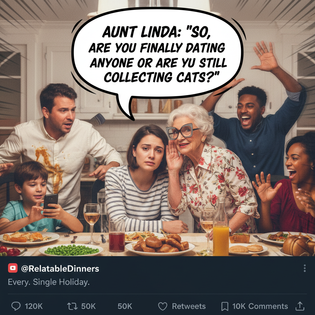 Aunt Carol just asked if I'm 'still single.' Holiday family dinner chaos has begun.