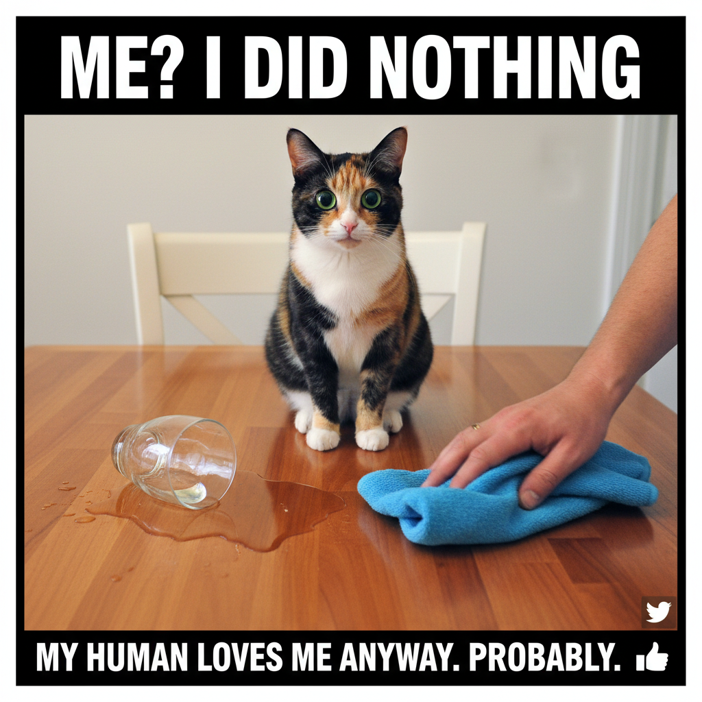 My cat just knocked over my water glass for the 3rd time. Still love him though. Send help.