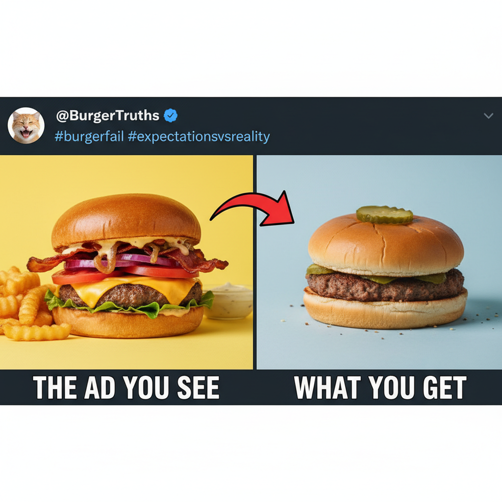 Ordered a gourmet burger. Got a sad patty and a single pickle. Expectations vs Reality.