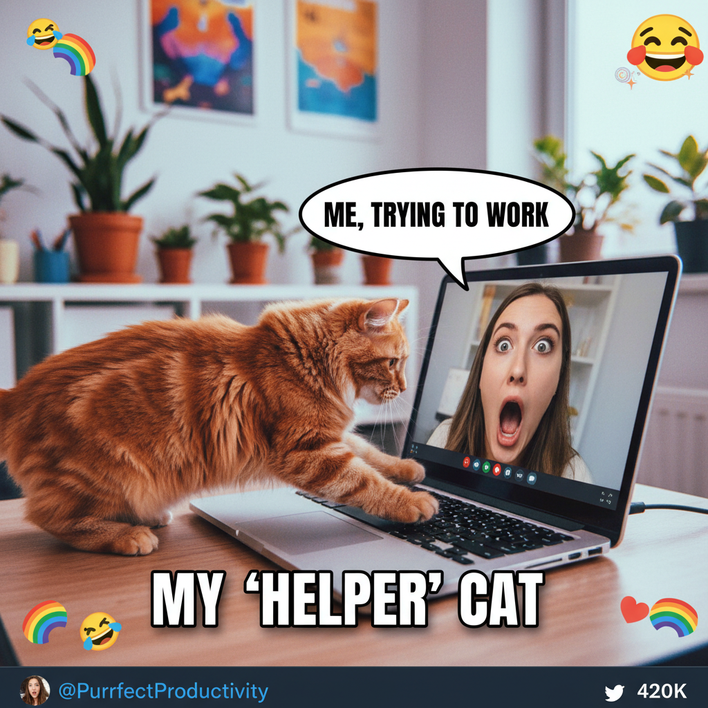 My cat just walked across my keyboard during a Zoom meeting. My boss thinks I'm fluent in 'meow'.