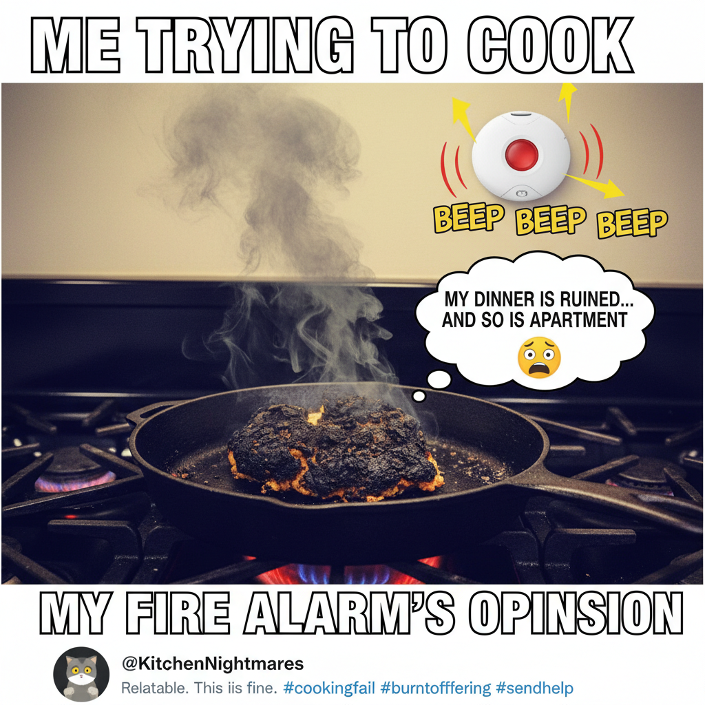 Attempted to make a gourmet meal. Ended up with charcoal. The smoke alarm is my only witness.