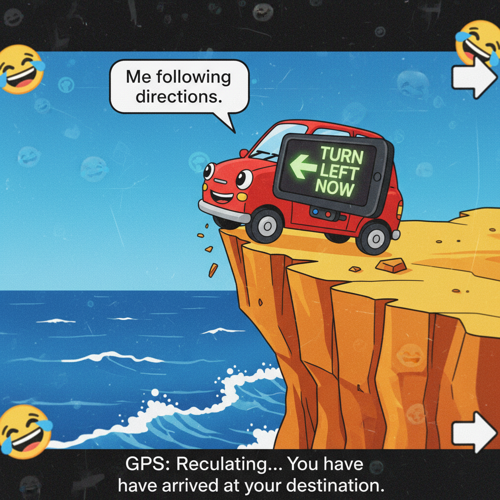 Road trip rule #1: Never trust the GPS when it says 'in 500 feet, turn left into the ocean.'