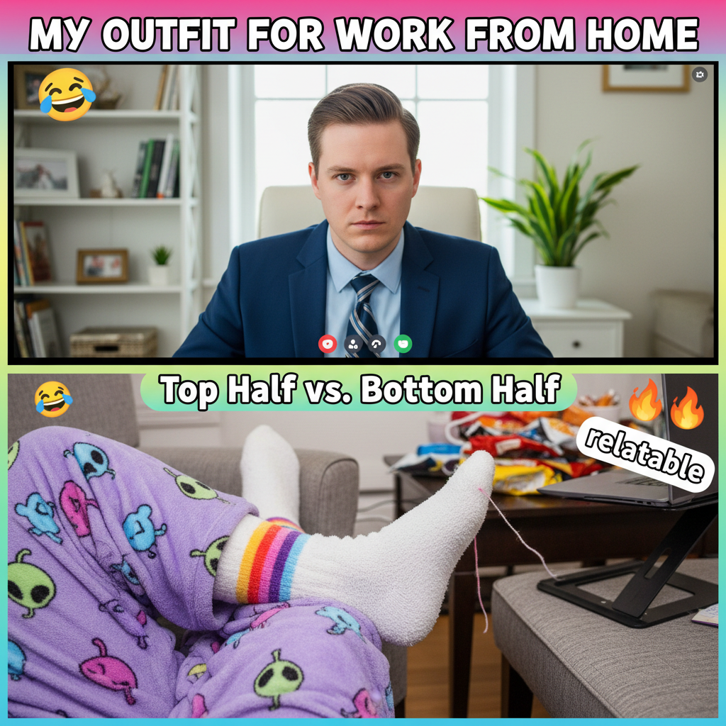 My 'professional' WFH setup: top half business, bottom half pajama pants and fuzzy socks.