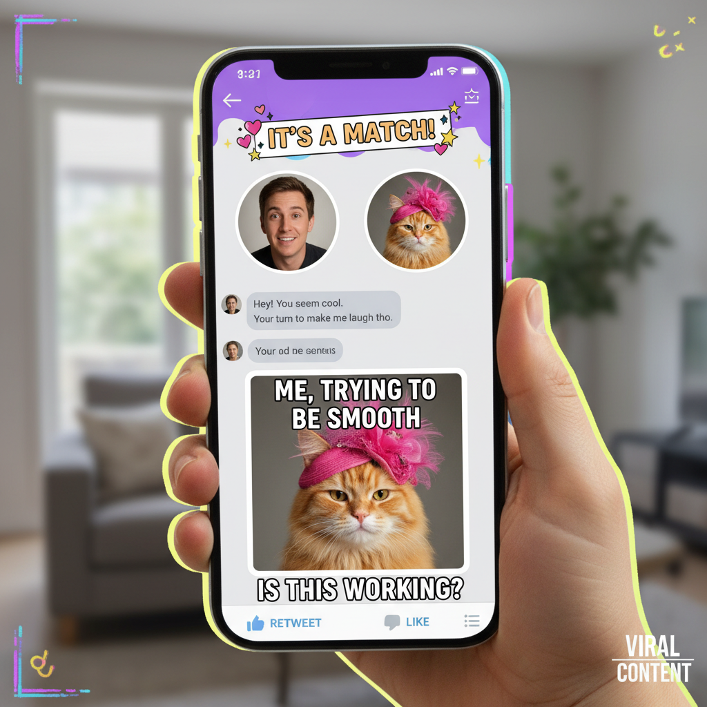 Swiped right, matched, then they sent a meme of a cat wearing a tiny hat. True love?