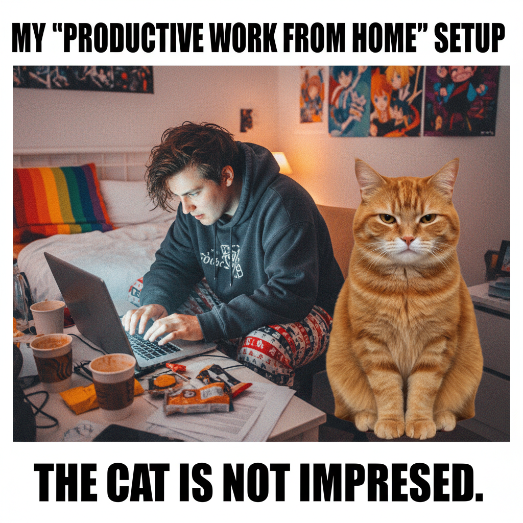 My coworker just asked if I was 'wearing real pants'. Sir, this is a WFH call. My cat is judging me.