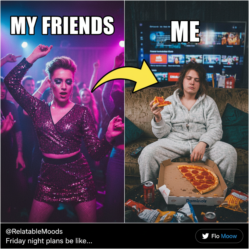 Friday night plans: clubbing. Friday night reality: debating if I should put on real pants for pizza.