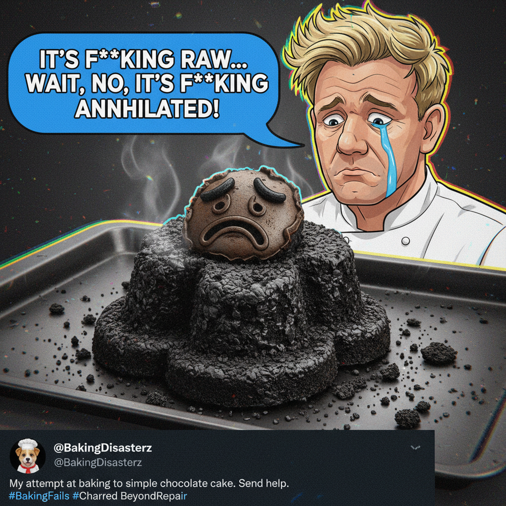 Attempted to bake a cake, ended up with a charcoal briquette. Gordon Ramsay would weep.