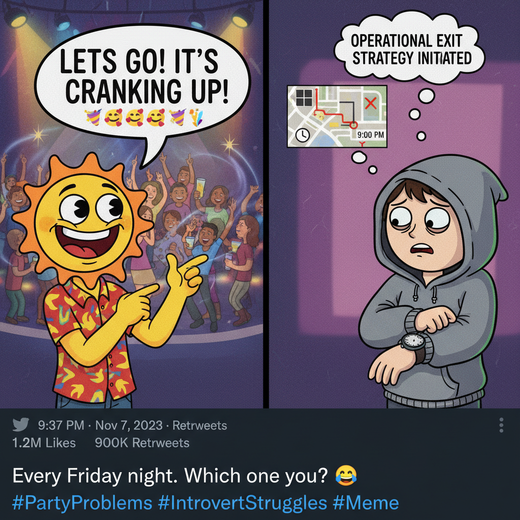 Extrovert: 'Let's go to that huge party!' Introvert: *already planning how to escape within 30 mins*