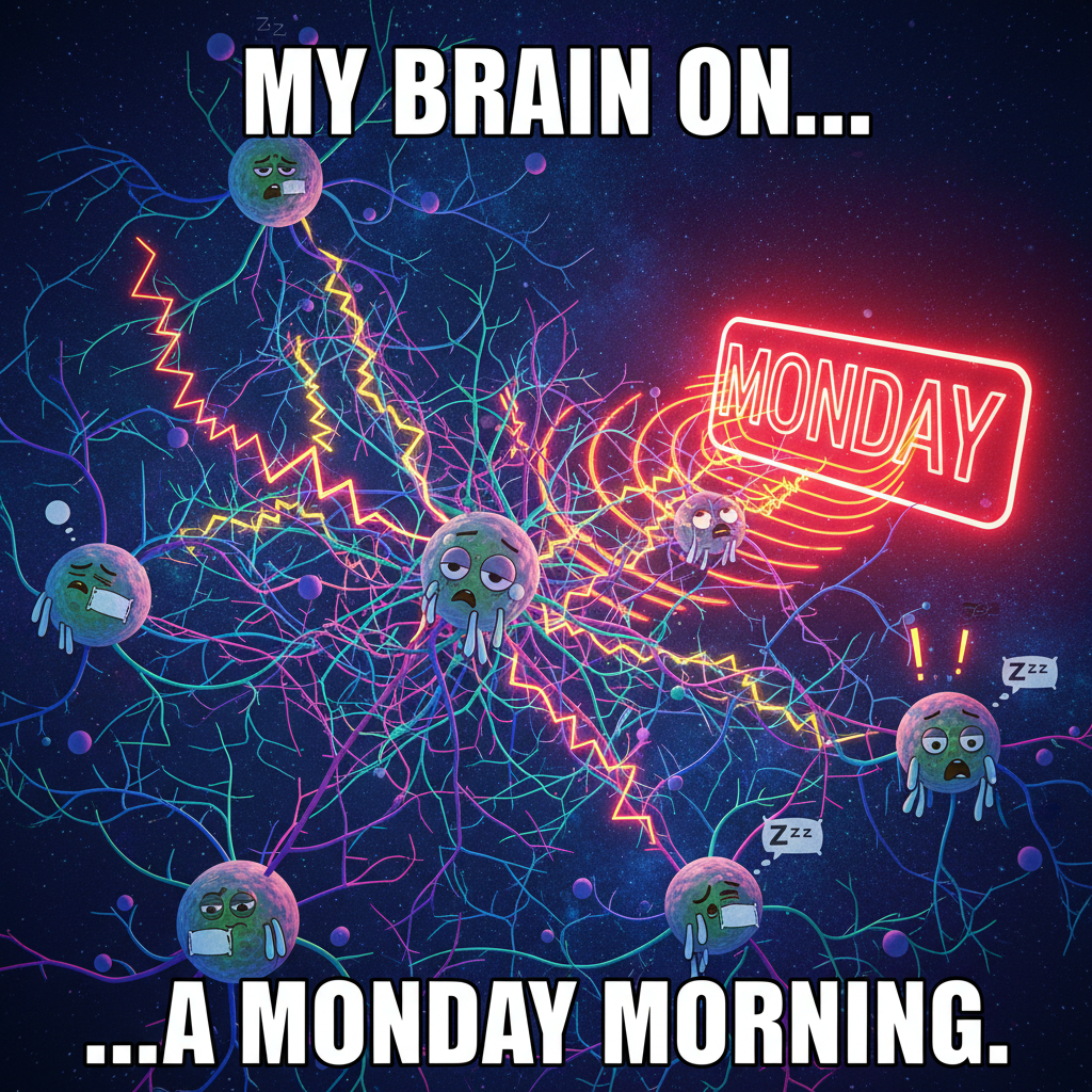 My brain cells attempting to process Monday's existence after a 'lazy' Sunday