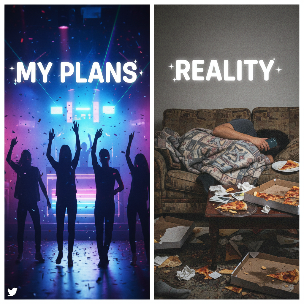 Friday night plans: Clubbing till dawn. Friday night reality: Asleep by 9 PM with pizza crumbs.