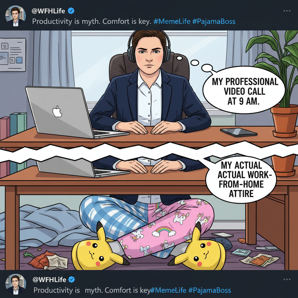 My WFH outfit: Business on top, pajama pants and fuzzy slippers on the bottom. The duality of man.