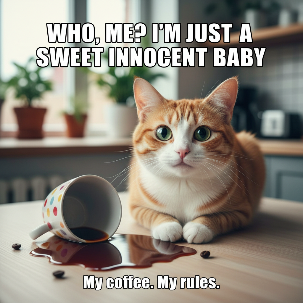 My cat just knocked over my coffee cup, then stared at me like *I* was the problem.