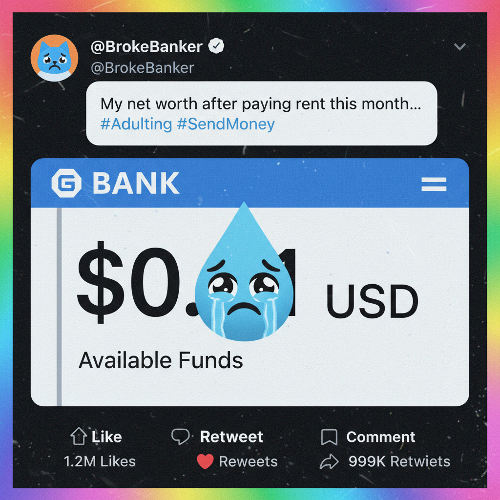 My bank account after paying rent: 'Is this all there is?' Me too, buddy. Me too.