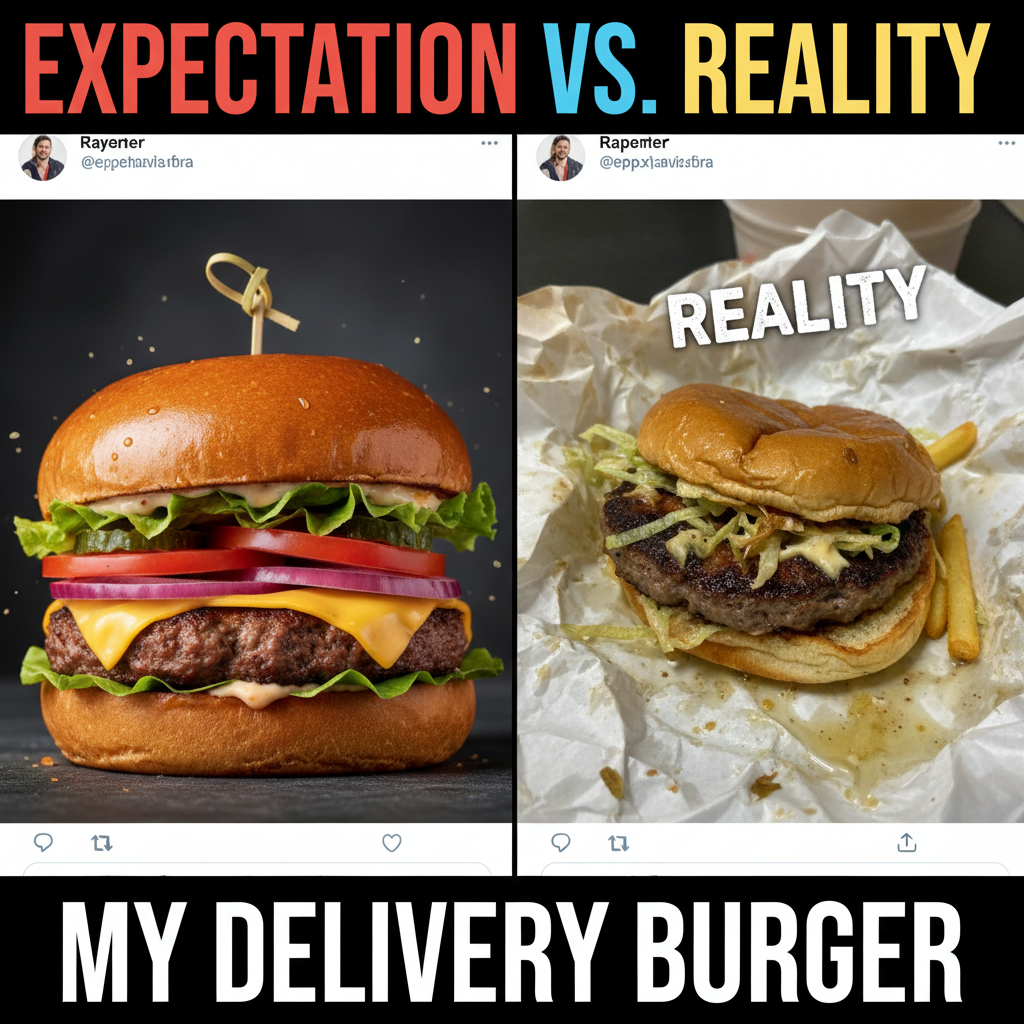 Ordered a gourmet burger, got a sad patty on a soggy bun. My disappointment is immeasurable.