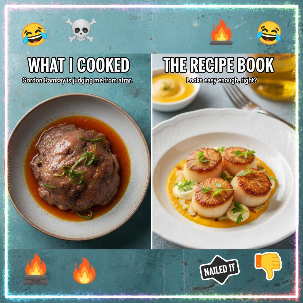 My 'gourmet' meal looks like it lost a fight with a blender. Still ate it though.