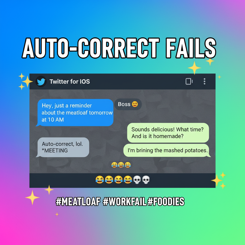 Autocorrect just changed 'meeting' to 'meatloaf'. My boss thinks I'm bringing dinner.