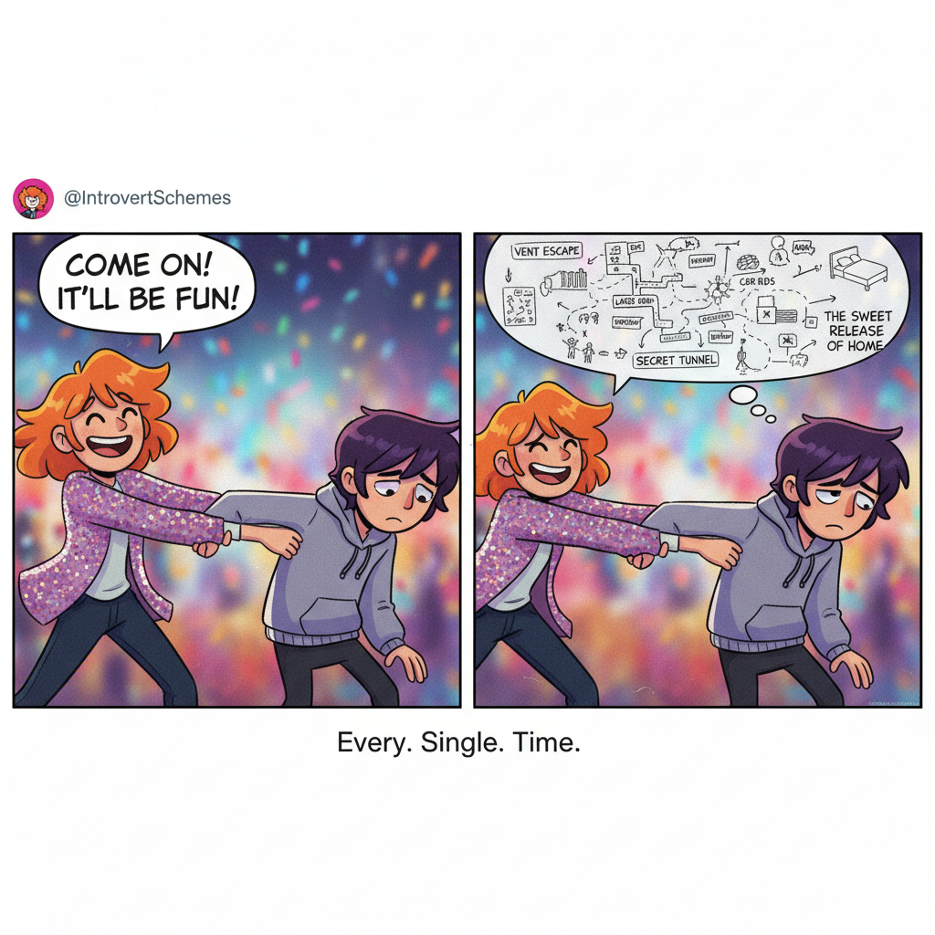 Extrovert: 'Let's go out!' Introvert: *already planning my escape route*