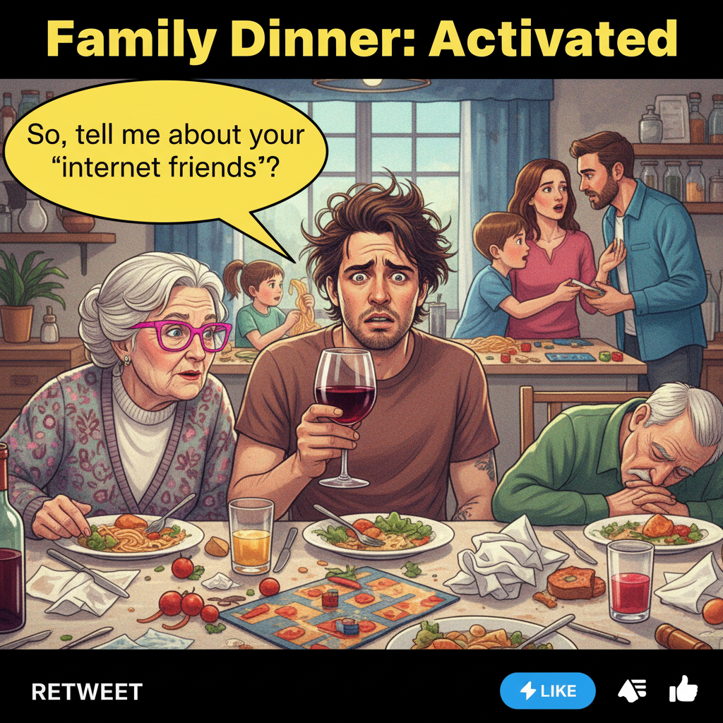 Grandma just asked if my 'internet friends' are coming to dinner. Send wine.