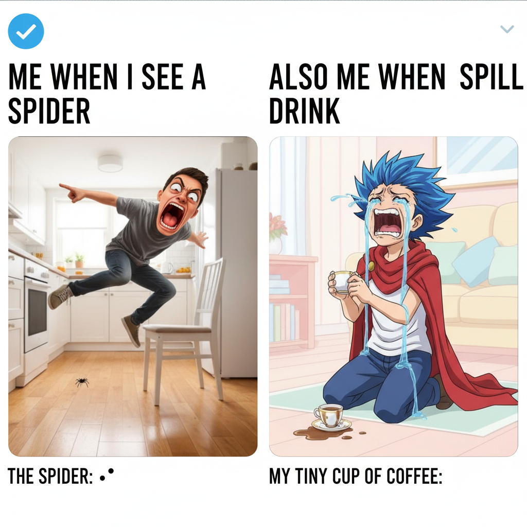 Me reacting to a spider vs. an anime character reacting to a minor inconvenience.