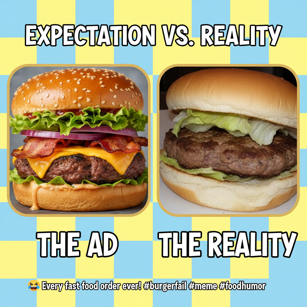 Ordered a gourmet burger, got a sad patty in a bun. My disappointment is immeasurable.