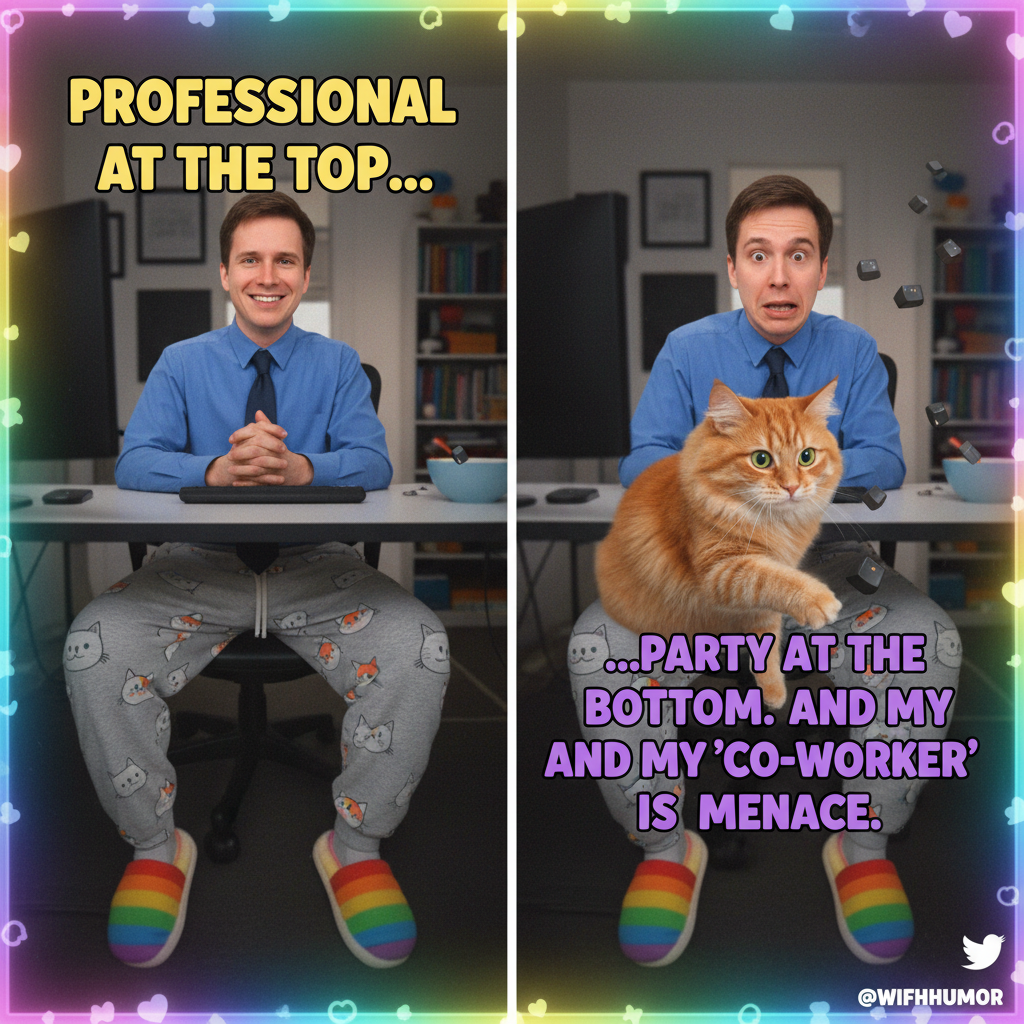 My WFH uniform: business on top, pajama bottoms, and a cat demanding attention.