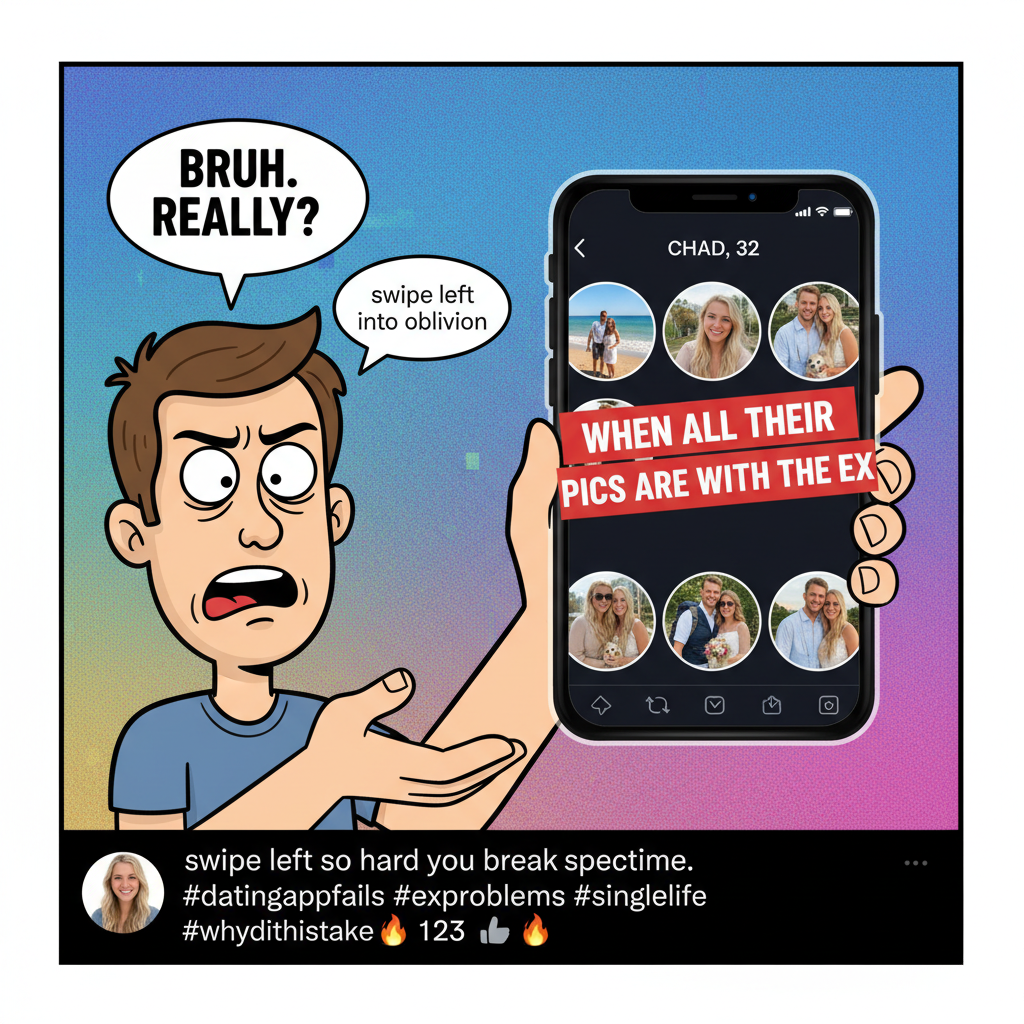 Matched with someone who only posts pics with their ex. Swipe left, block, delete app.