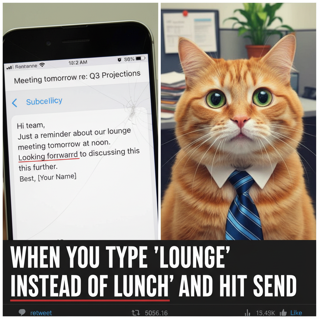 My phone autocorrected 'lunch' to 'lounge' in a work email. Now everyone thinks I'm a cat.