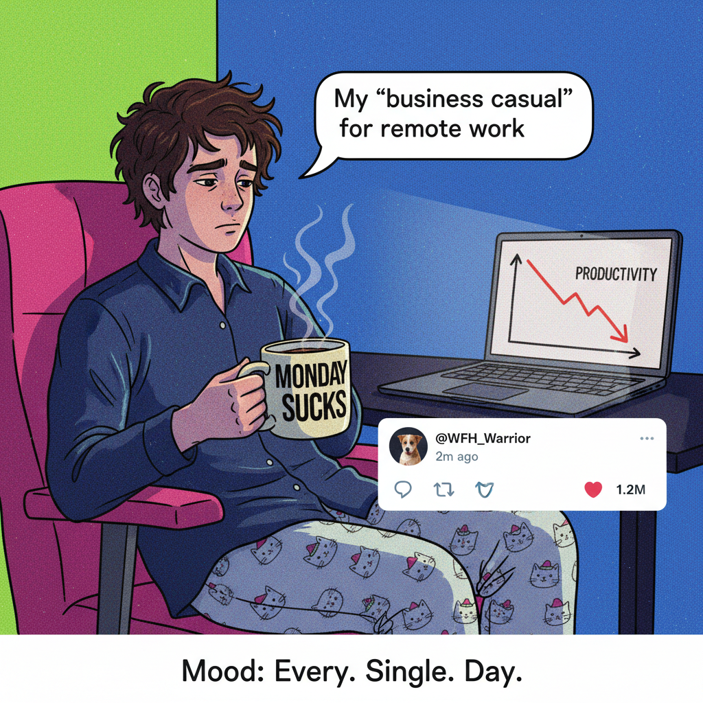 My WFH uniform is 50% pajamas, 50% existential dread. Send coffee.