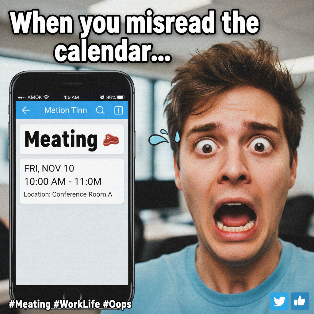 Autocorrect changed 'meeting' to 'meating' in my boss's calendar invite. I'm fired, aren't I?