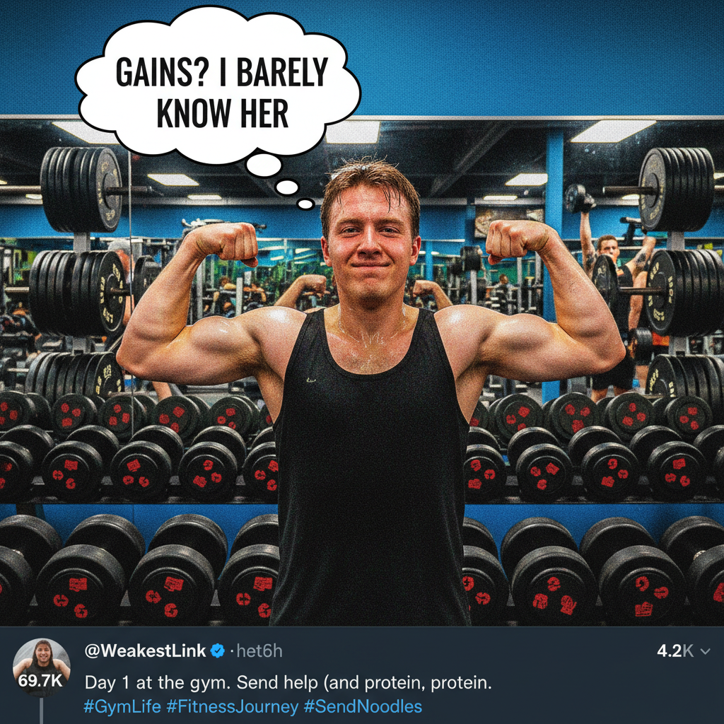 Went to the gym. Did 3 reps. Took a selfie. Called it a day. #FitnessJourney