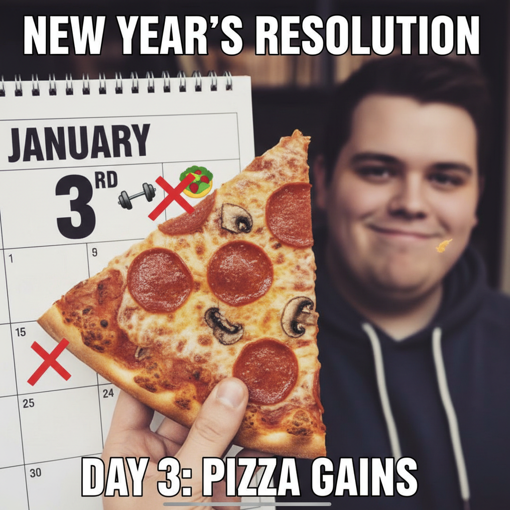 My New Year's Resolution was to eat healthier. It's January 3rd. I'm eating pizza for breakfast.