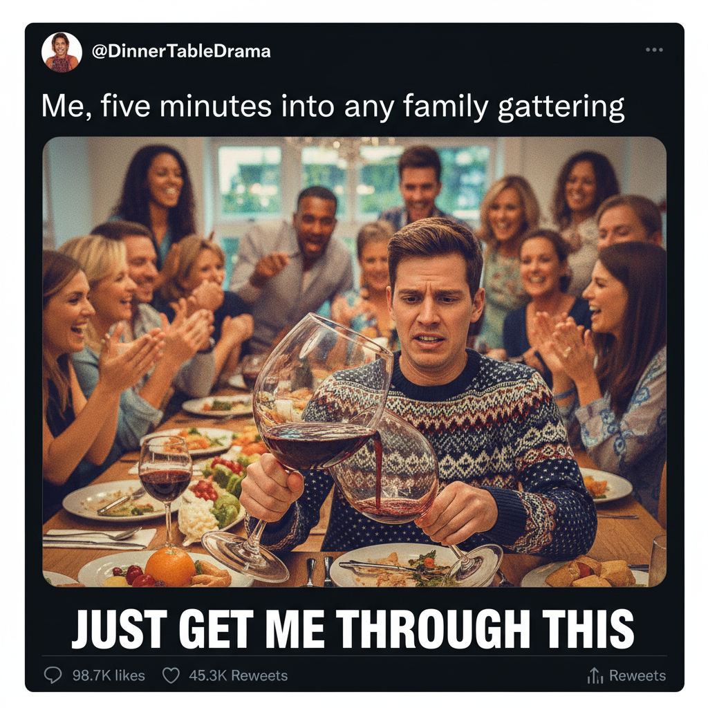 Uncle Barry just asked if I'm 'still single' for the 5th time. Pass the wine. 🍷 #FamilyDinner