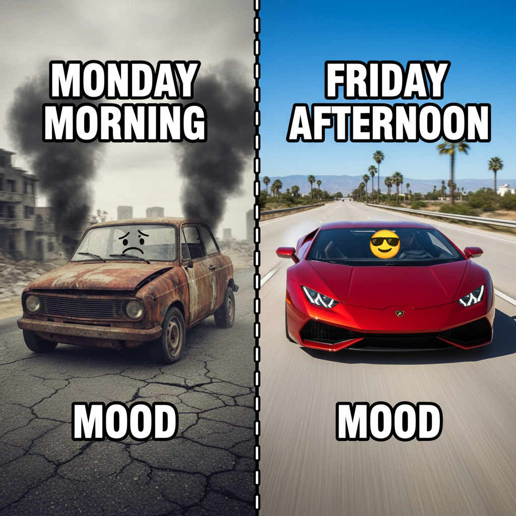 My car on Monday morning vs. my car on Friday afternoon