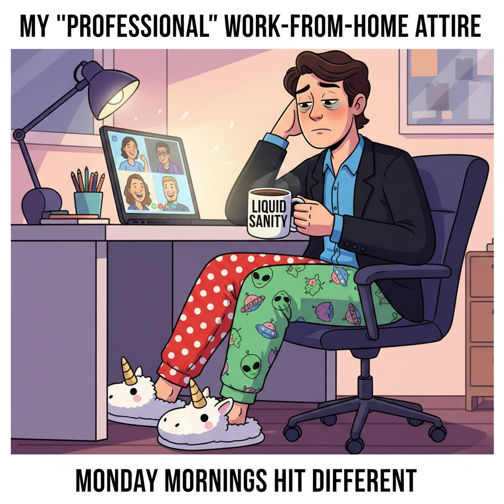 My 'work from home' outfit is 50% pajamas, 50% existential dread. Productivity: 0%.