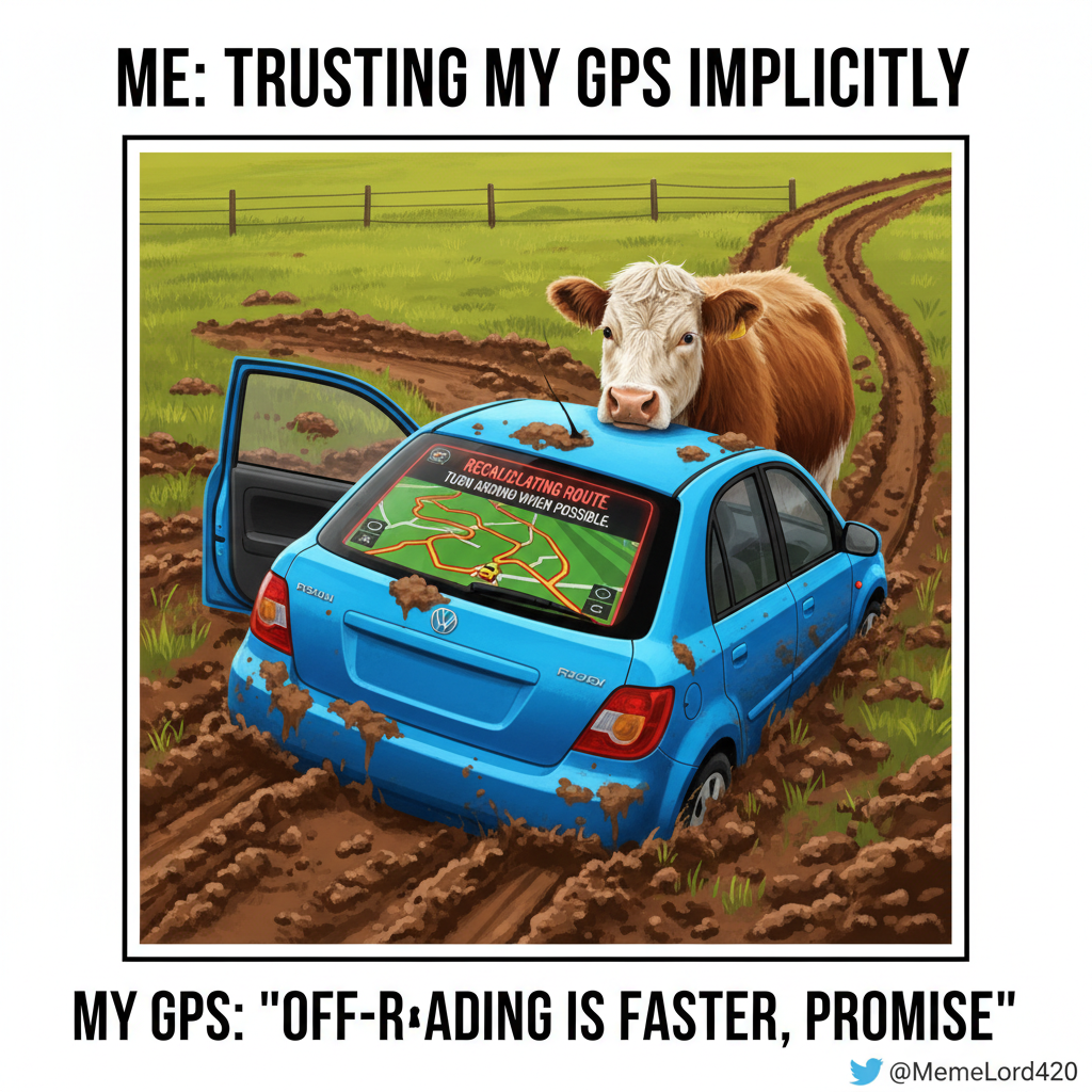 GPS said 'turn left.' I turned left. Now I'm in a cow pasture. Send snacks.